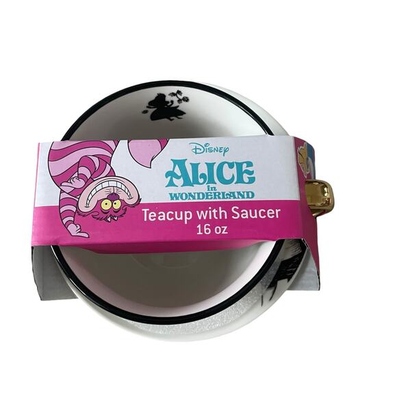 Disney ALICE IN WONDERLAND Teacup with Saucer 16oz Mug Black & Gold New - Picture 4 of 14